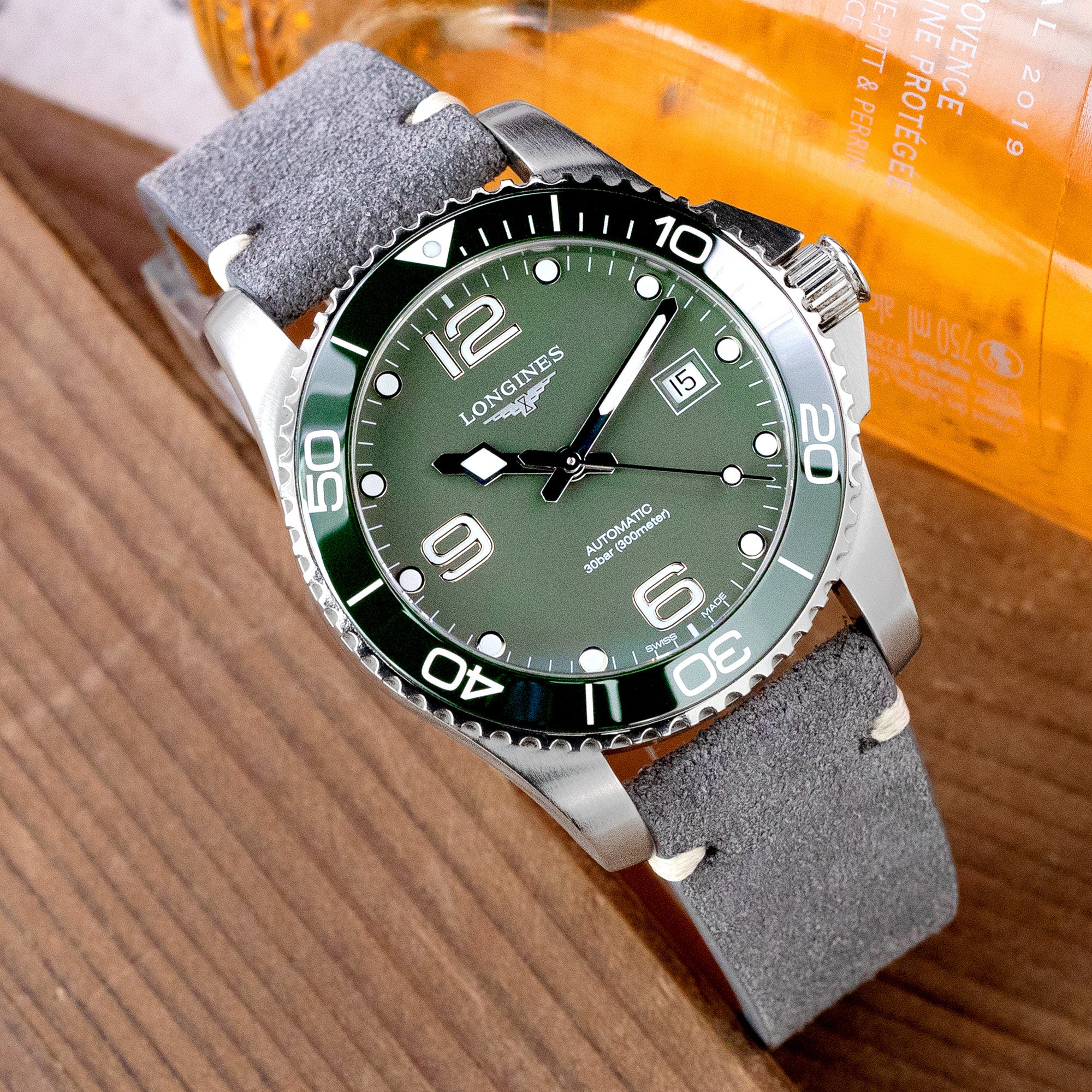 Q.R. Grey Suede watch strap 19mm to 22mm Leather Watch Band Beige Stitch.