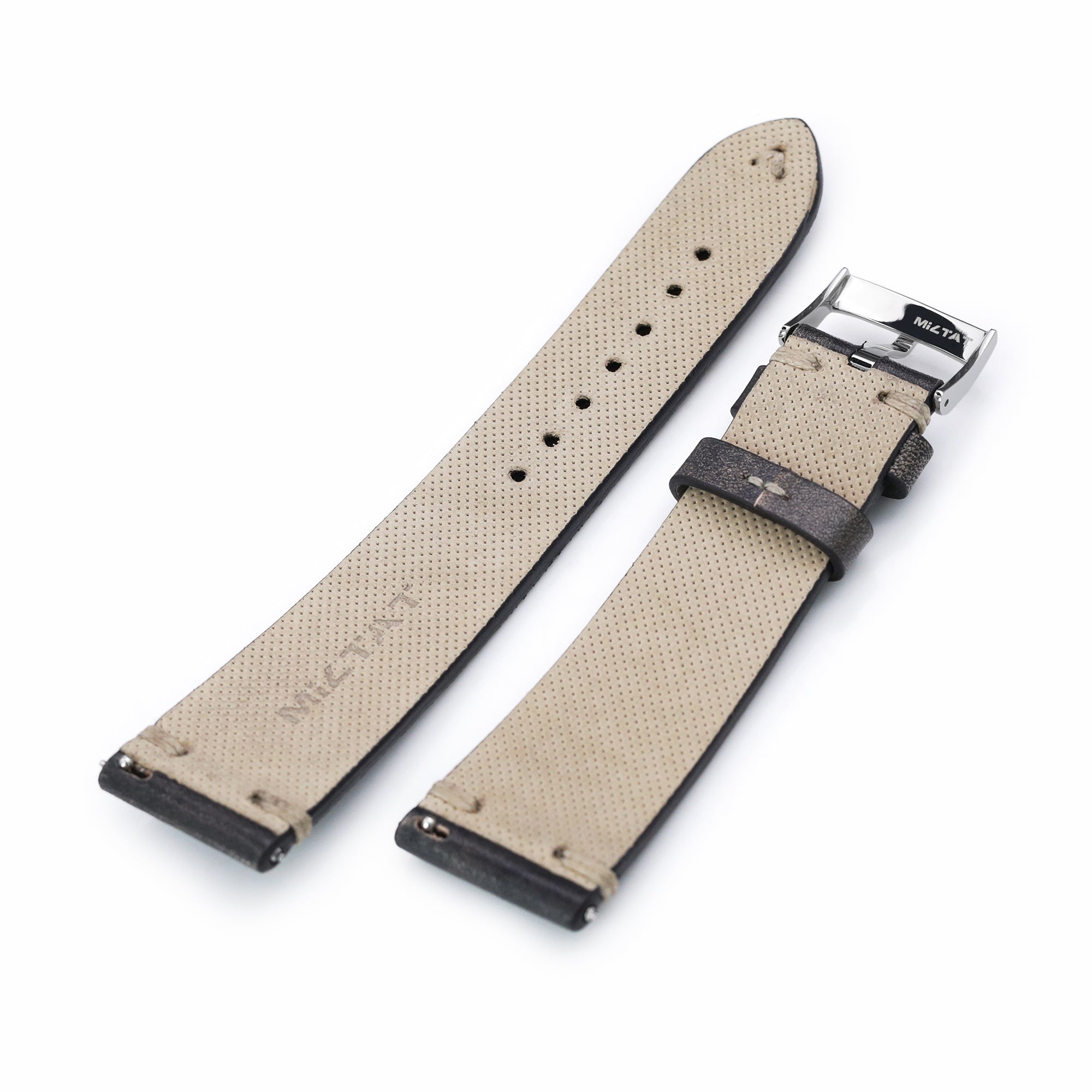 Q.R. 22mm Vintage Black Italian Handmade Leather Watch Strap, Khaki Stitching Strapcode Watch Bands