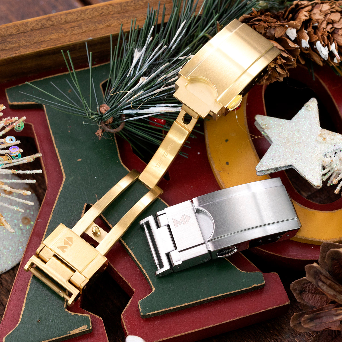 Cuboid Clasp Tri-Fold Stainless Steel Watch Band Buckle, IP Gold