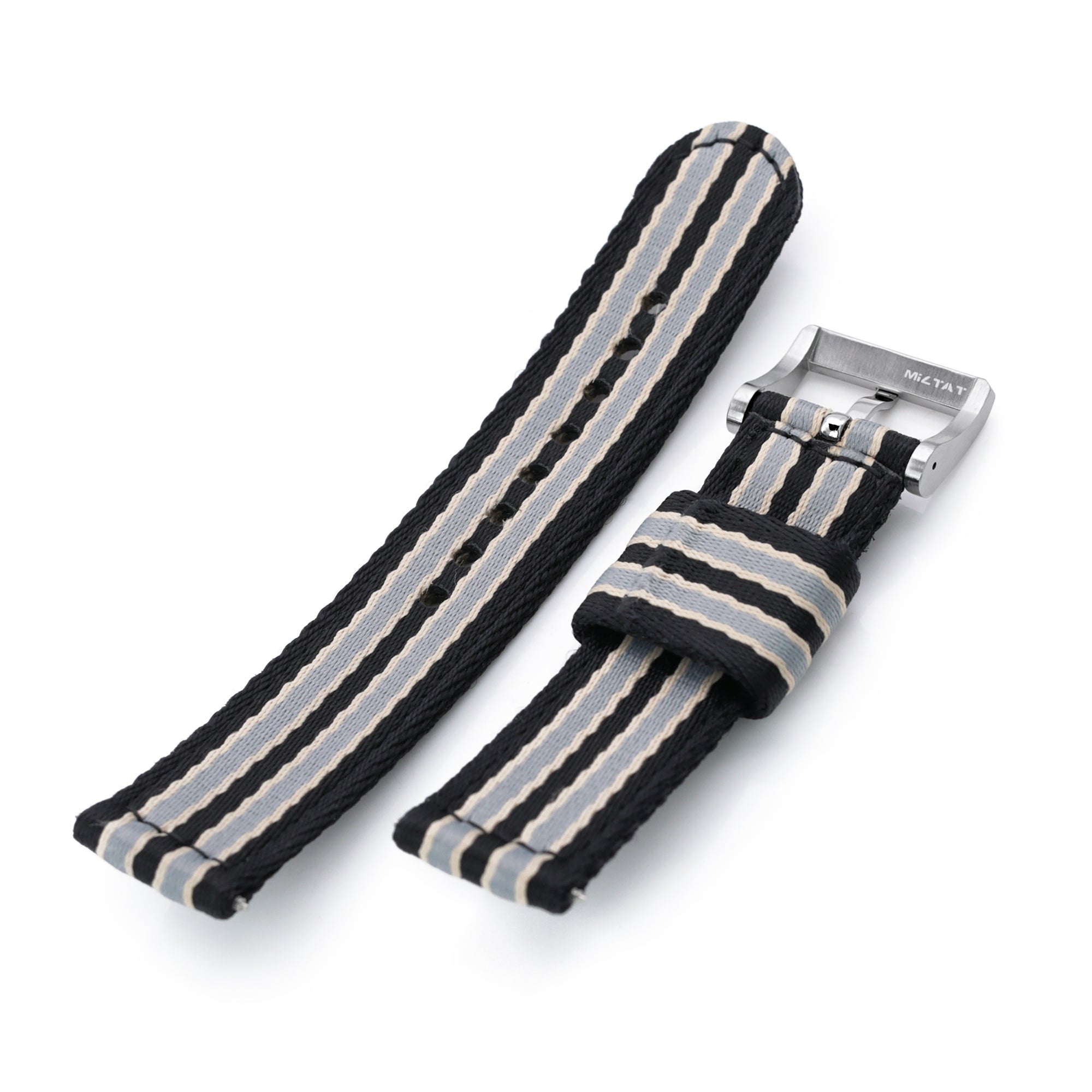 2-pcs Seatbelt Nylon Watch Band, Black, Grey and Khaki Stripes, Polished Buckle Strapcode Watch Bands