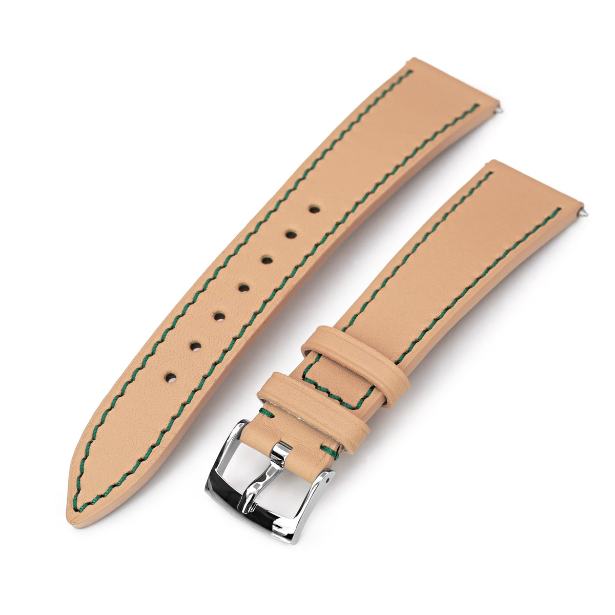 Q.R. 20mm Beige Tapered Leather Watch Band, Forest Green Stitching + Zermatt Strapcode Watch Bands