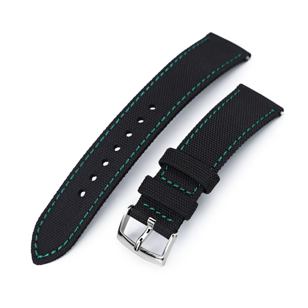 20mm Sailcloth Strap Black Quick Release Nylon Watch Band, Green Stitching Strapcode Watch Bands