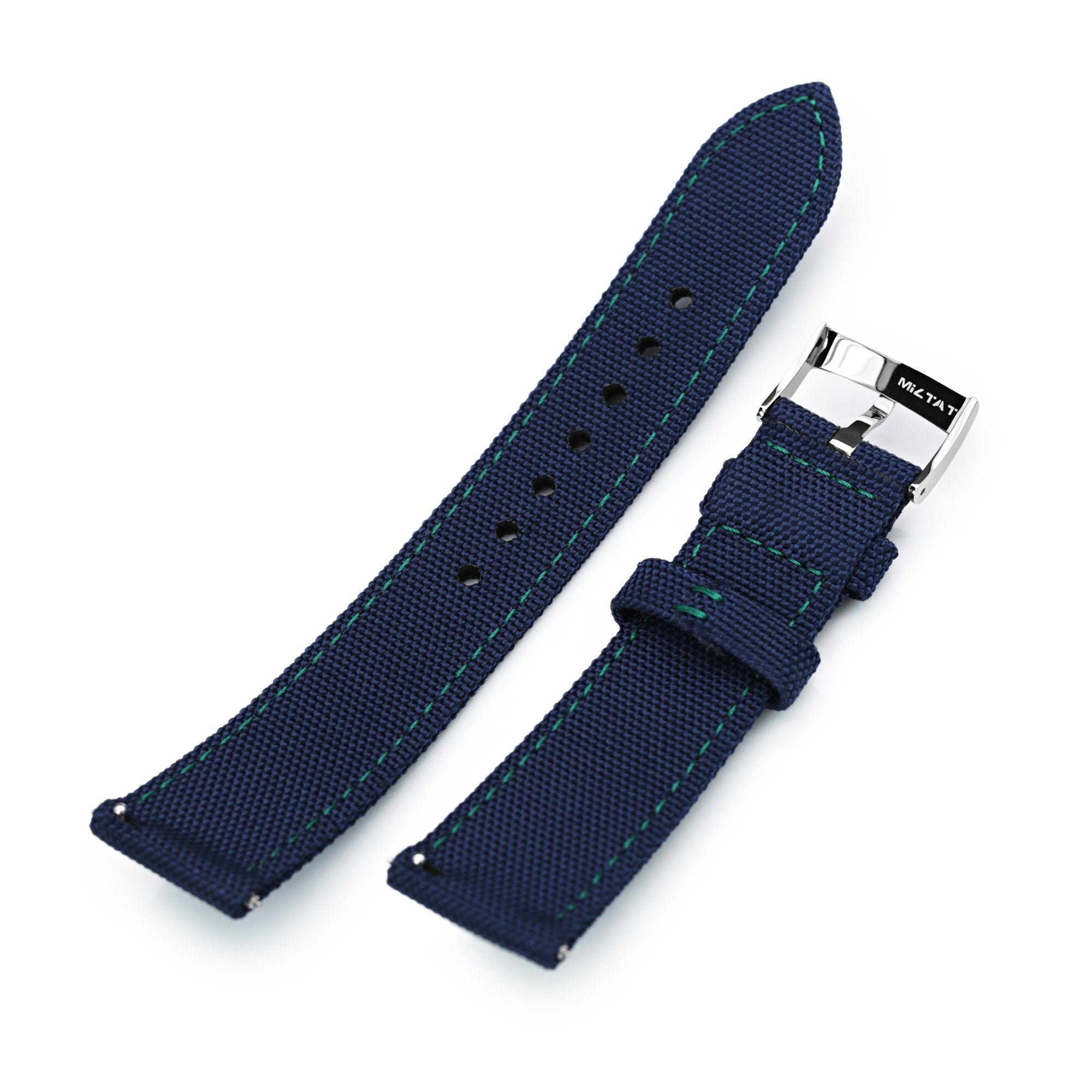 20mm Sailcloth Strap Navy Blue Quick Release Nylon Watch Band, Green Stitching Strapcode Watch Bands