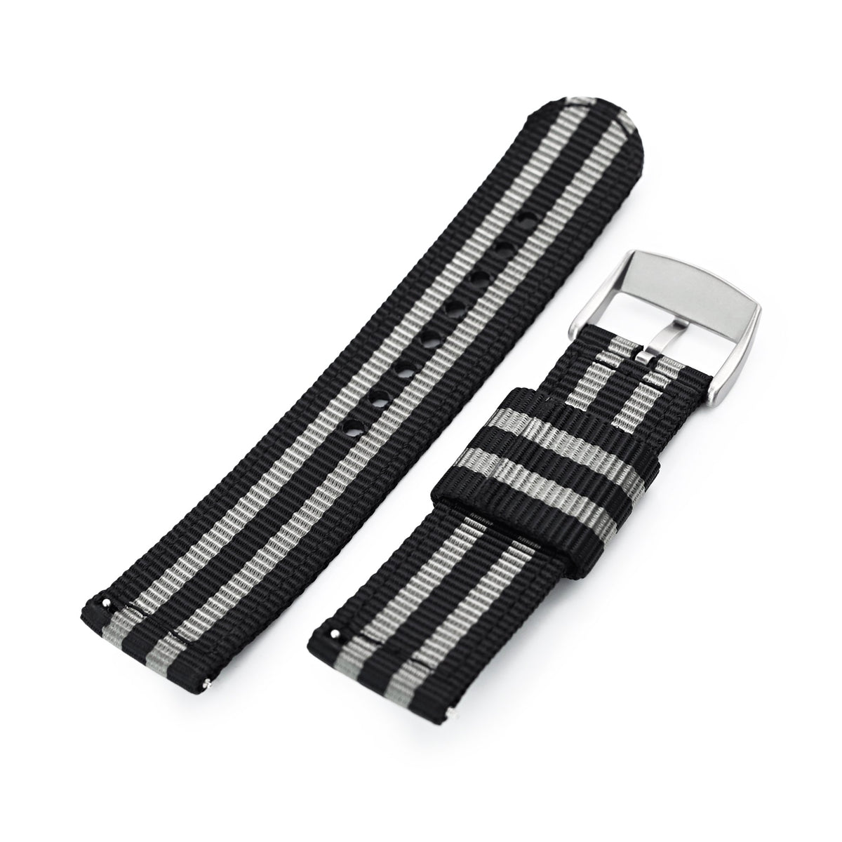 22mm 2-pcs Nylon Watch Band, Quick Release, Black &amp; Grey Stripes, Brushed Buckle Strapcode Watch Bands