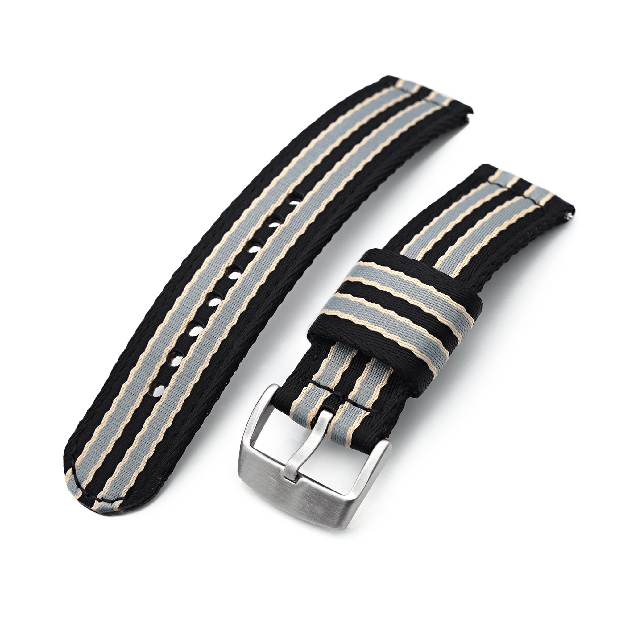 22mm 2-pcs Seatbelt Nylon Watch Band, Black, Grey and Khaki Stripes, Brushed Buckle Strapcode Watch Bands