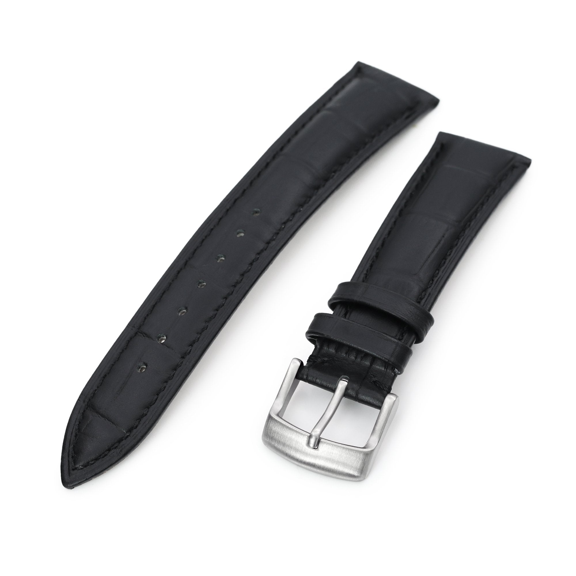 22mm Black CrocoCalf (Croco Grain) Tapered  Leather Watch Band, Brushed Buckle Strapcode Watch Bands