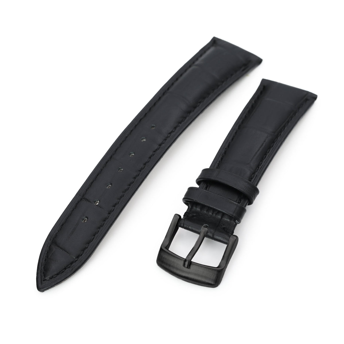 22mm Black CrocoCalf (Croco Grain) Tapered  Leather Watch Band, PVD Black Buckle Strapcode Watch Bands