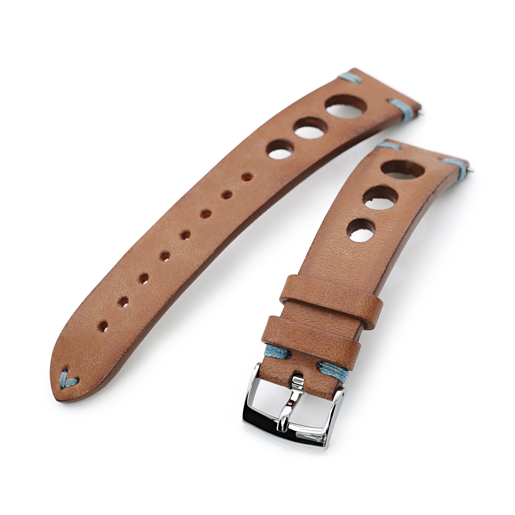 Q.R. 22mm Brown Leather Italian Handmade Racer Watch Band, Blue St. Strapcode Watch Bands