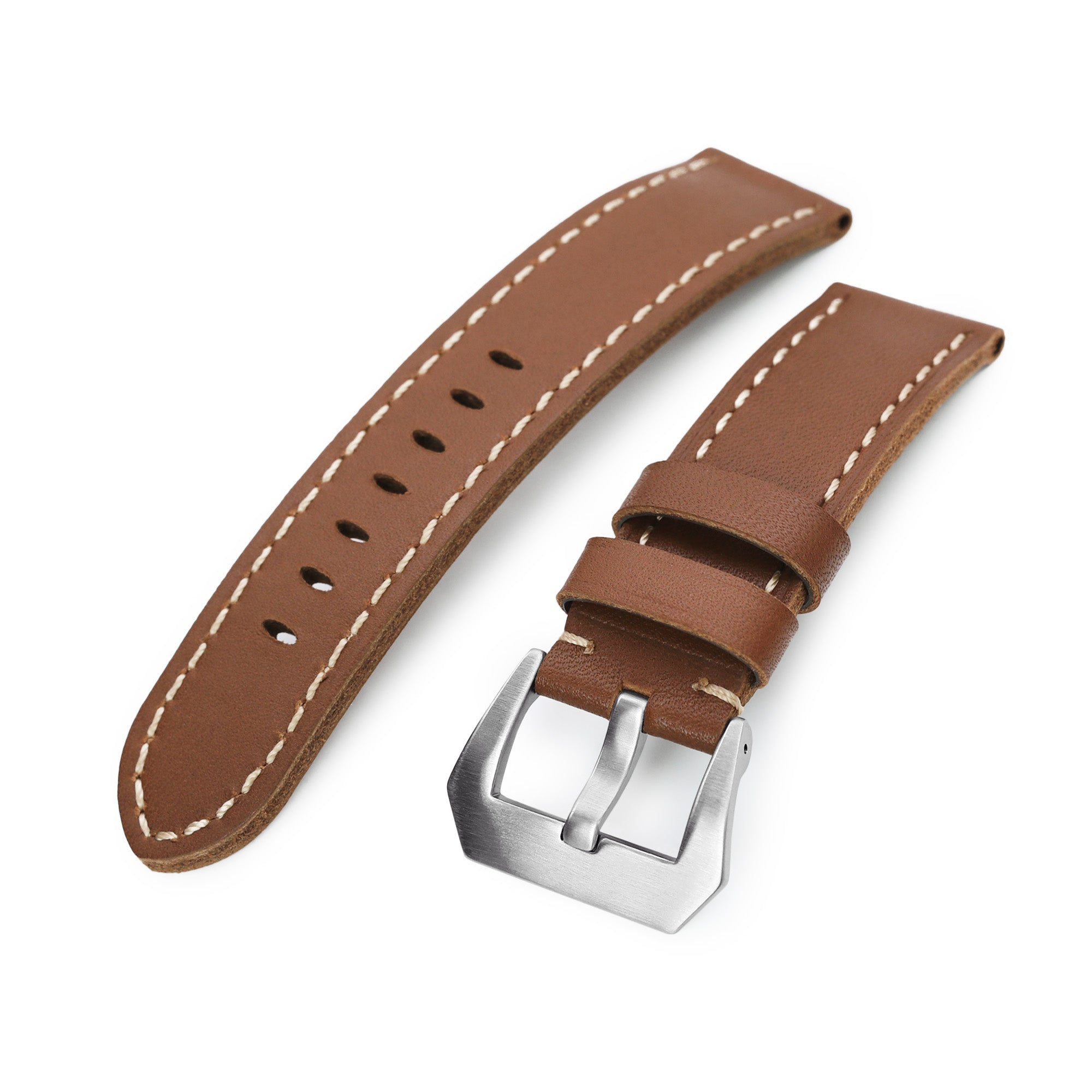 22mm Chestnut Brown Straight Leather Watch Band, Brushed Buckle