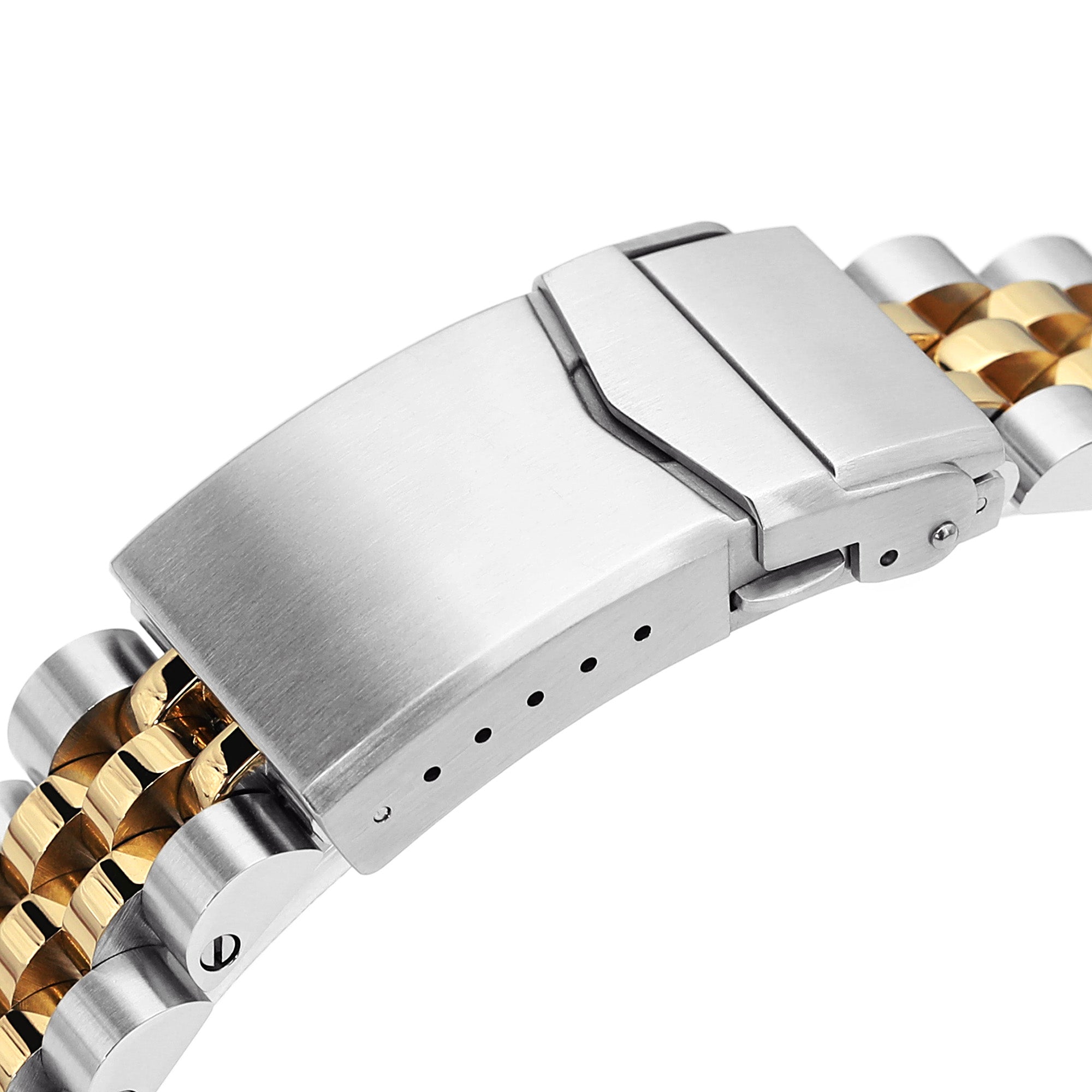 20mm Angus-J Louis JUB Watch Band for Seiko Alpinist SARB017 (or Hamilton K.), 316L Stainless Steel Brushed with IP Gold Center V-Clasp